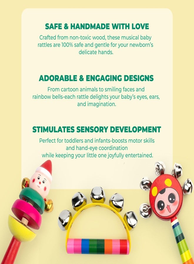 WoCra® Wooden Baby Rattle Toys - Pack of 3 | Handmade Musical Rattles for Newborns, Infants & Toddlers | Non-Toxic Safe Wood | Cartoon Animal, Smile Face & Rainbow Handshake Bell (Random Colors) - Image 5